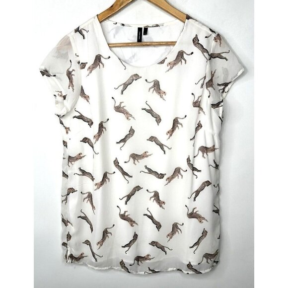 Vera Moda Blouse Women Size L White Lined Leopards Animal Print Pullover Top - Picture 1 of 8